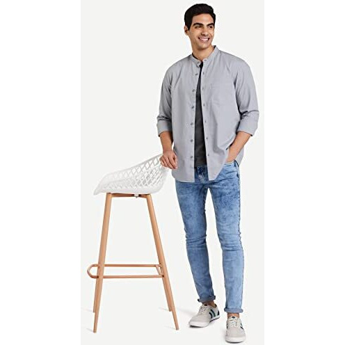 Amazon Brand - Symbol Men's Cotton Shirt | Chinese Collar | Casual | Plain | Full Sleeve | Summer - Regular Fit (Available in Plus Size) (Light Grey_M)