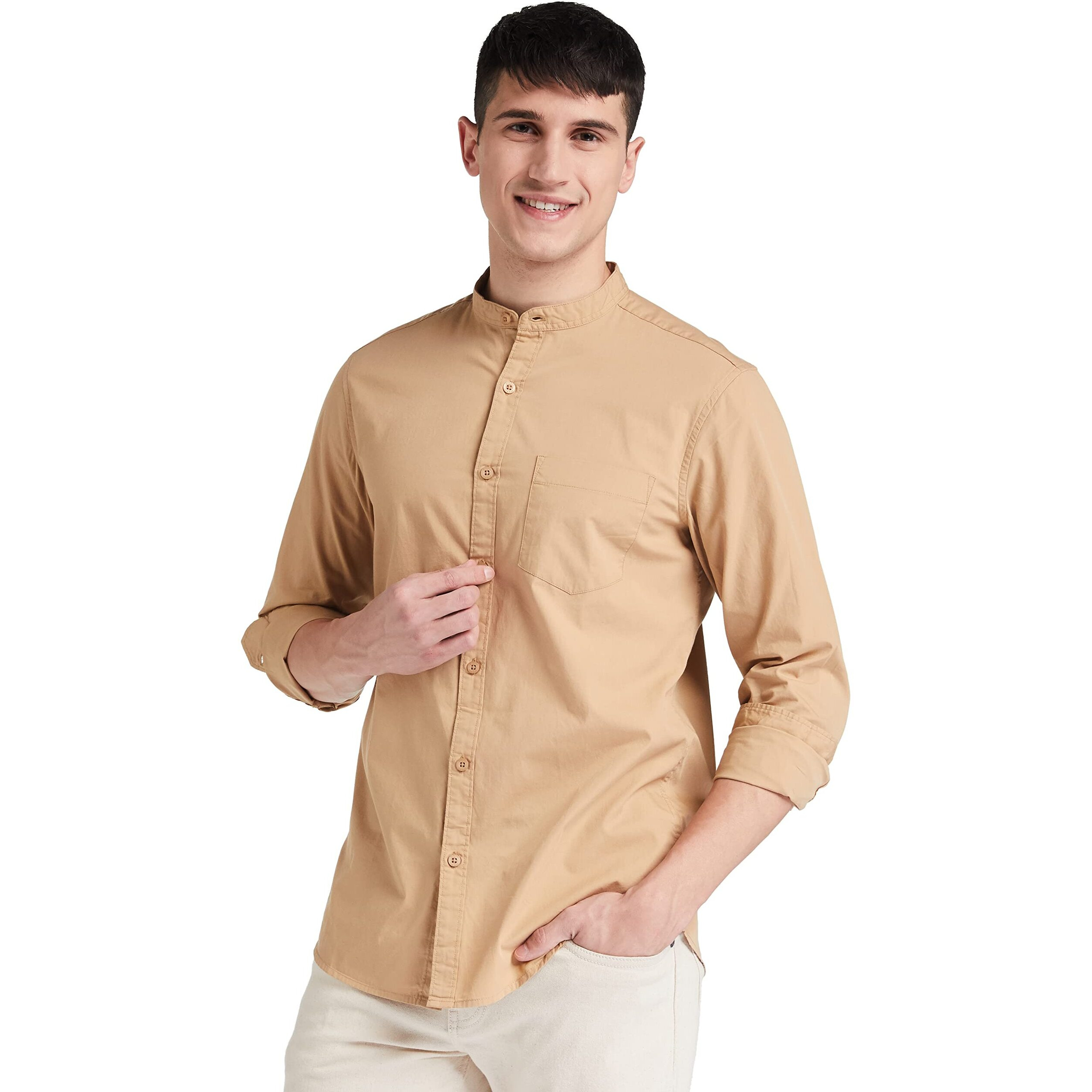 Amazon Brand - Symbol Men's Cotton Shirt | Chinese Collar | Casual | Plain | Full Sleeve | Summer - Regular Fit (Available in Plus Size) (Beige_M)
