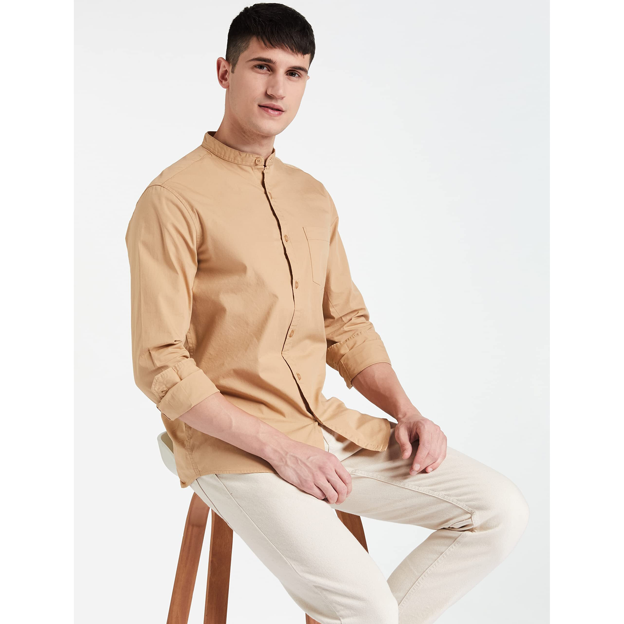 Amazon Brand - Symbol Men's Cotton Shirt | Chinese Collar | Casual | Plain | Full Sleeve | Summer - Regular Fit (Available in Plus Size) (Beige_M)