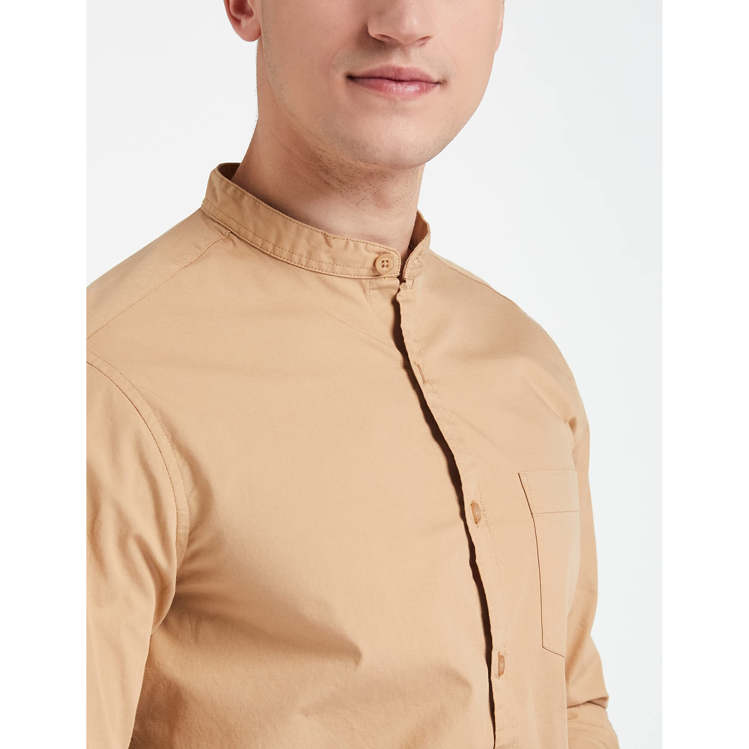 Amazon Brand - Symbol Men's Cotton Shirt | Chinese Collar | Casual | Plain | Full Sleeve | Summer - Regular Fit (Available in Plus Size) (Beige_M)