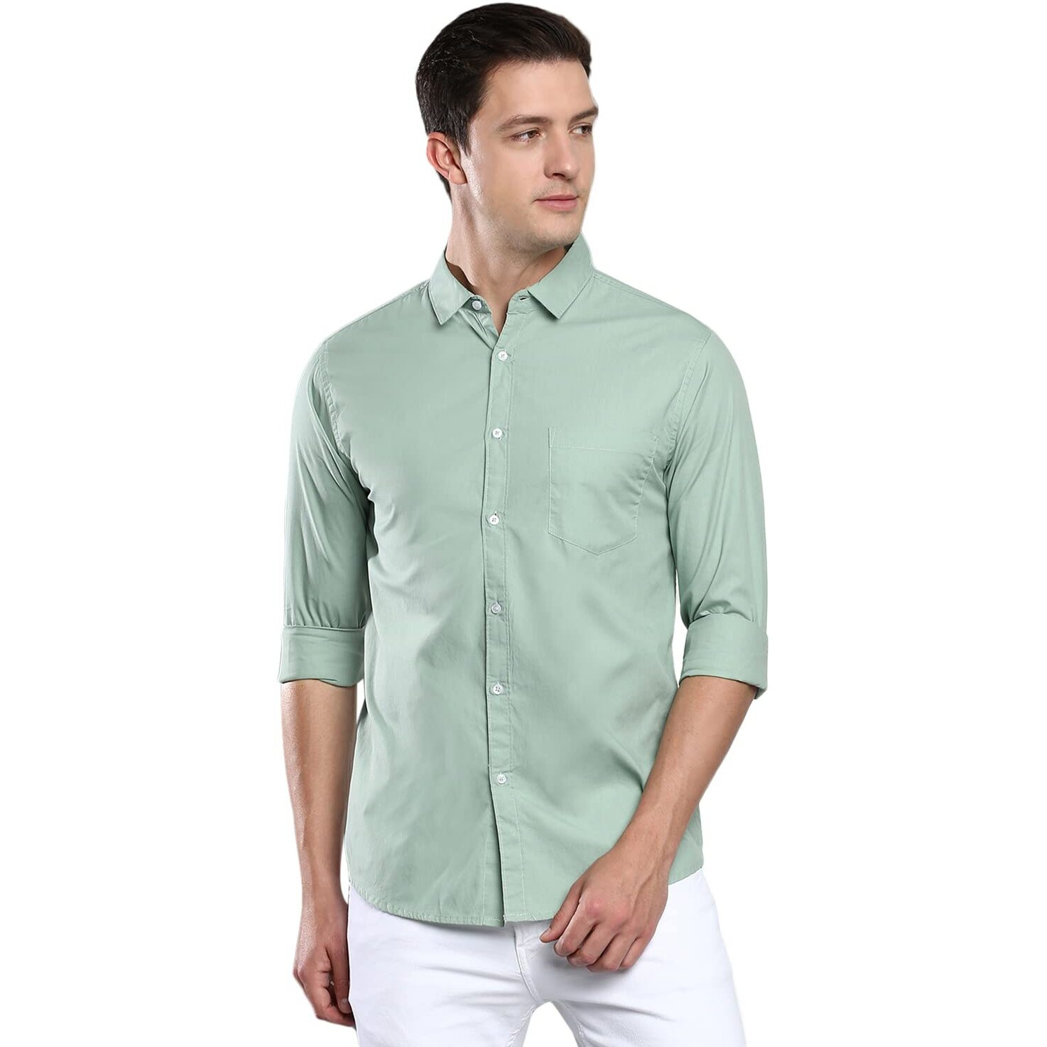 Dennis Lingo Men's Solid Slim Fit Casual Shirt (AZ301_SAGE_XXL)