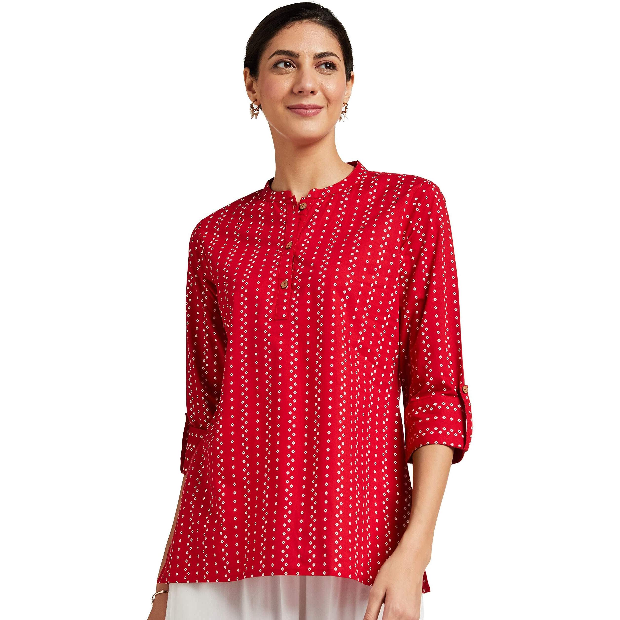 Amazon Brand - Myx Women's Cotton Printed Regular Short Kurti (SS20MYXCORE22_Maroon-Bandhej_S)