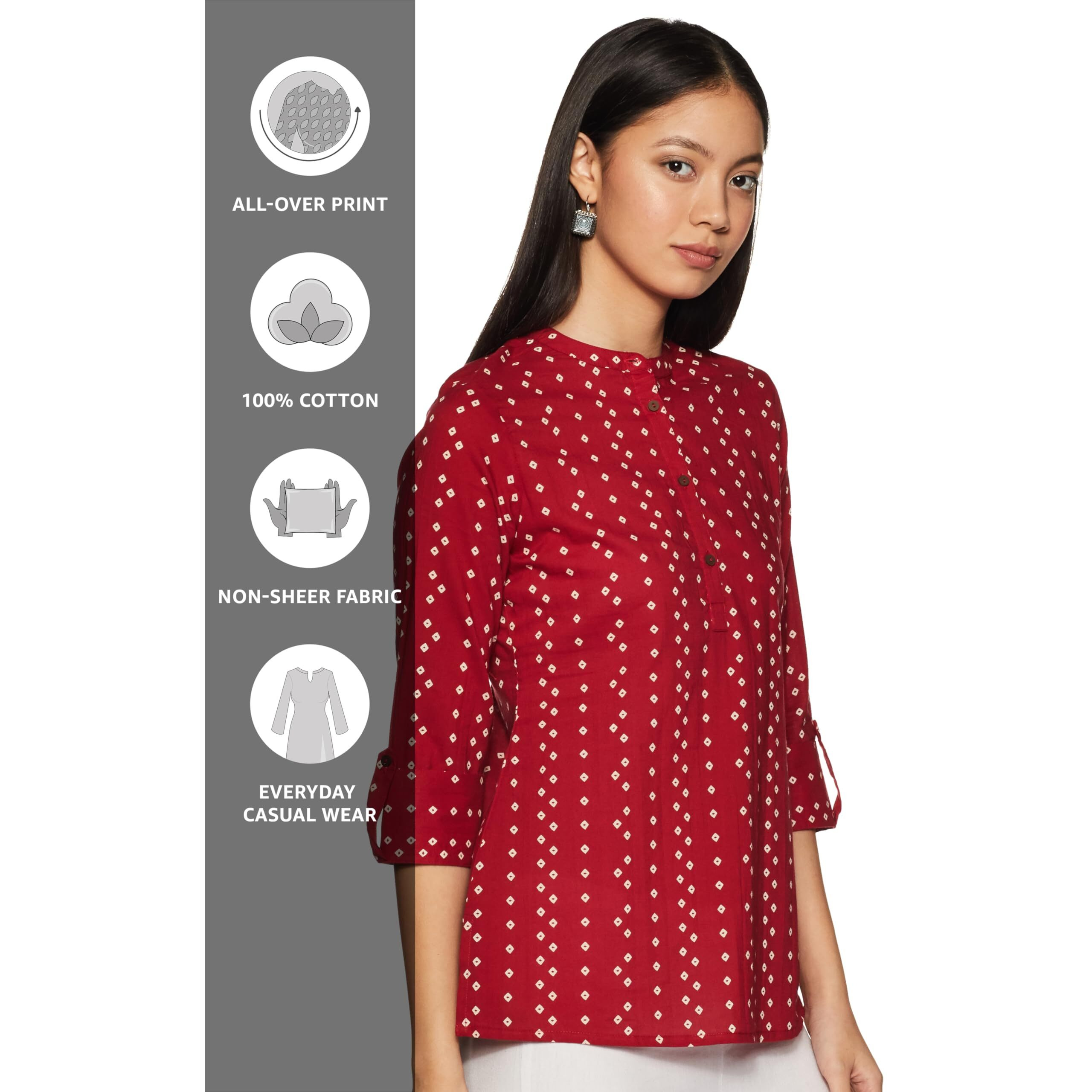 Amazon Brand - Myx Women's Cotton Printed Regular Short Kurti (SS20MYXCORE22_Maroon-Bandhej_S)