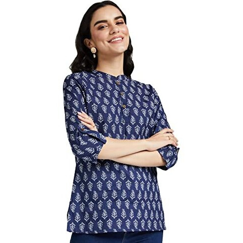 Amazon Brand - Myx Women's Cotton Regular Short Kurti (NIT001CORE3_Dark Navy_XL)