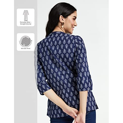 Amazon Brand - Myx Women's Cotton Regular Short Kurti (NIT001CORE3_Dark Navy_XL)