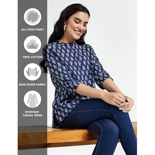 Amazon Brand - Myx Women's Cotton Regular Short Kurti (NIT001CORE3_Dark Navy_XL)