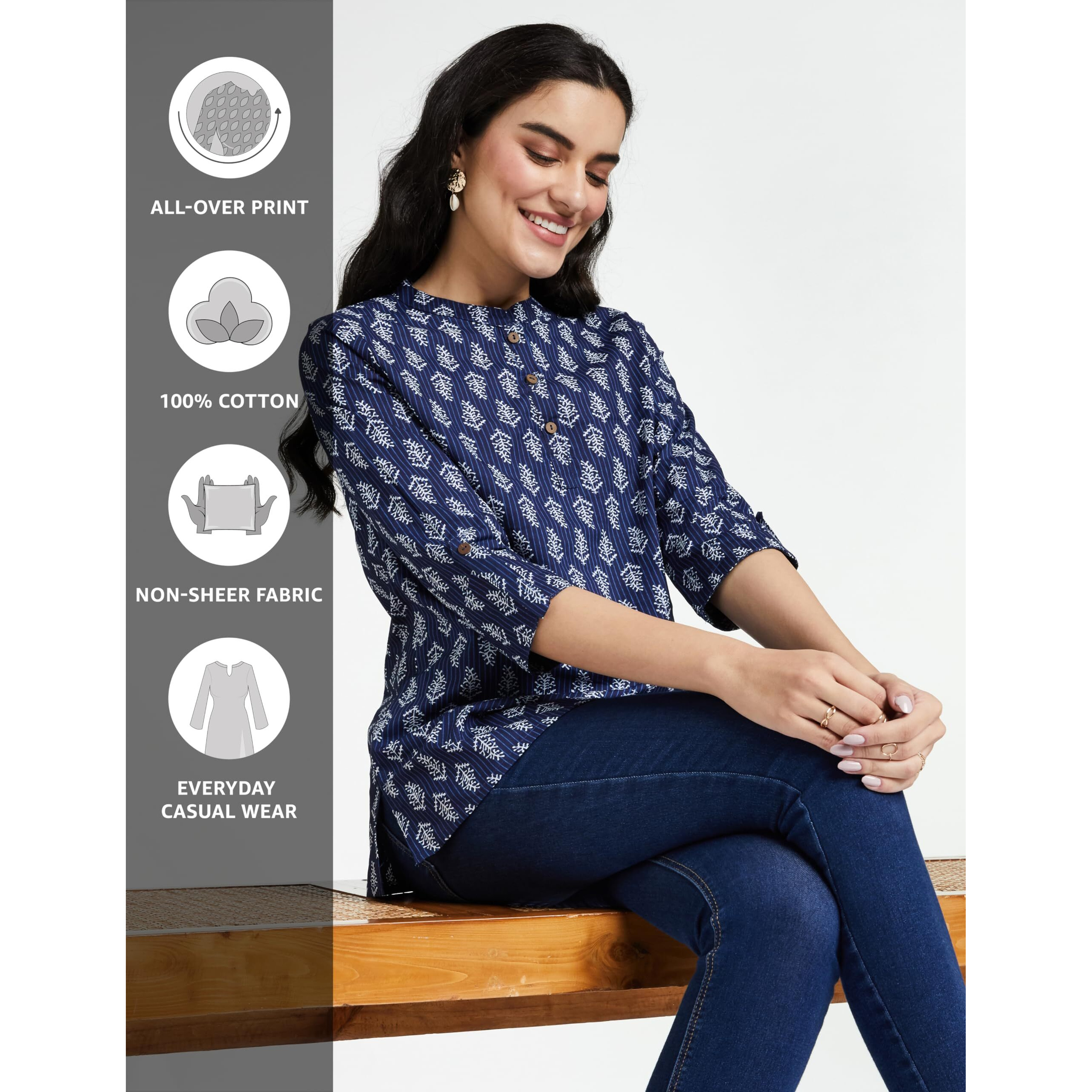Amazon Brand - Myx Women's Cotton Straight Kurti (NIT001CORE3_Navy_Large)