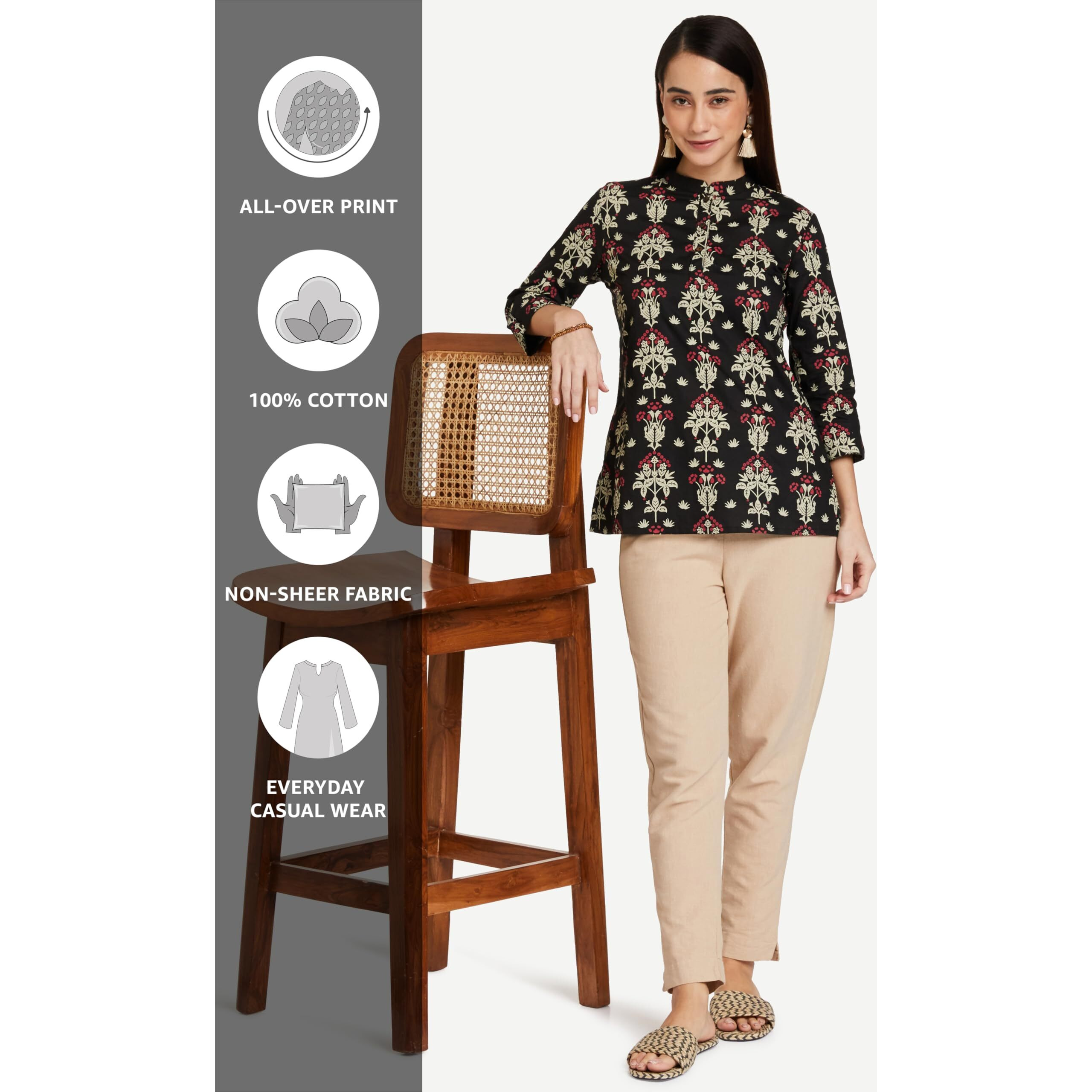 Amazon Brand - Myx Women's Cotton Screen Print Straight Short Kurti (SS19MYXTP019D2_Black_L)