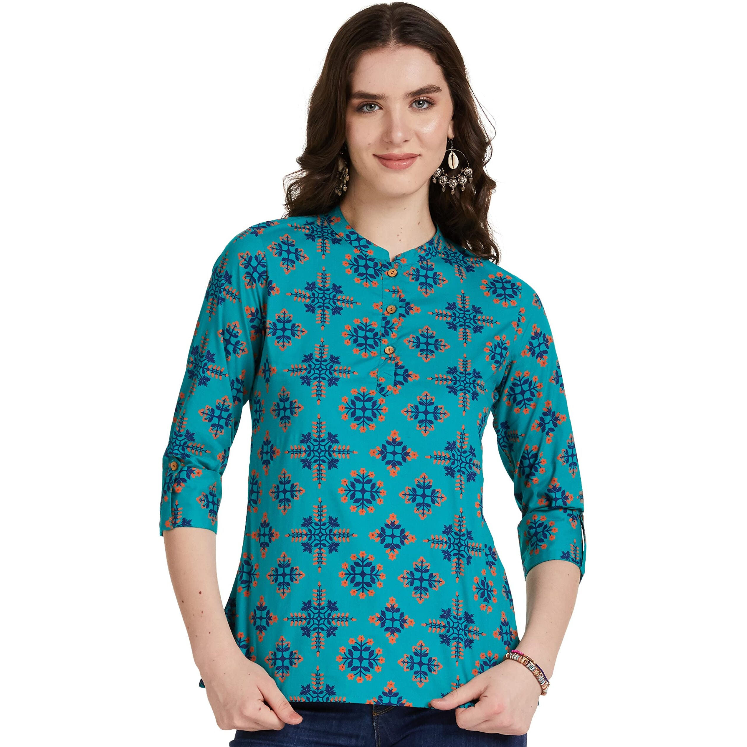 Amazon Brand - Myx Women's Cotton Screen Print Straight Short Kurti (SS19MYXTP019C3_Teal 2_XL)