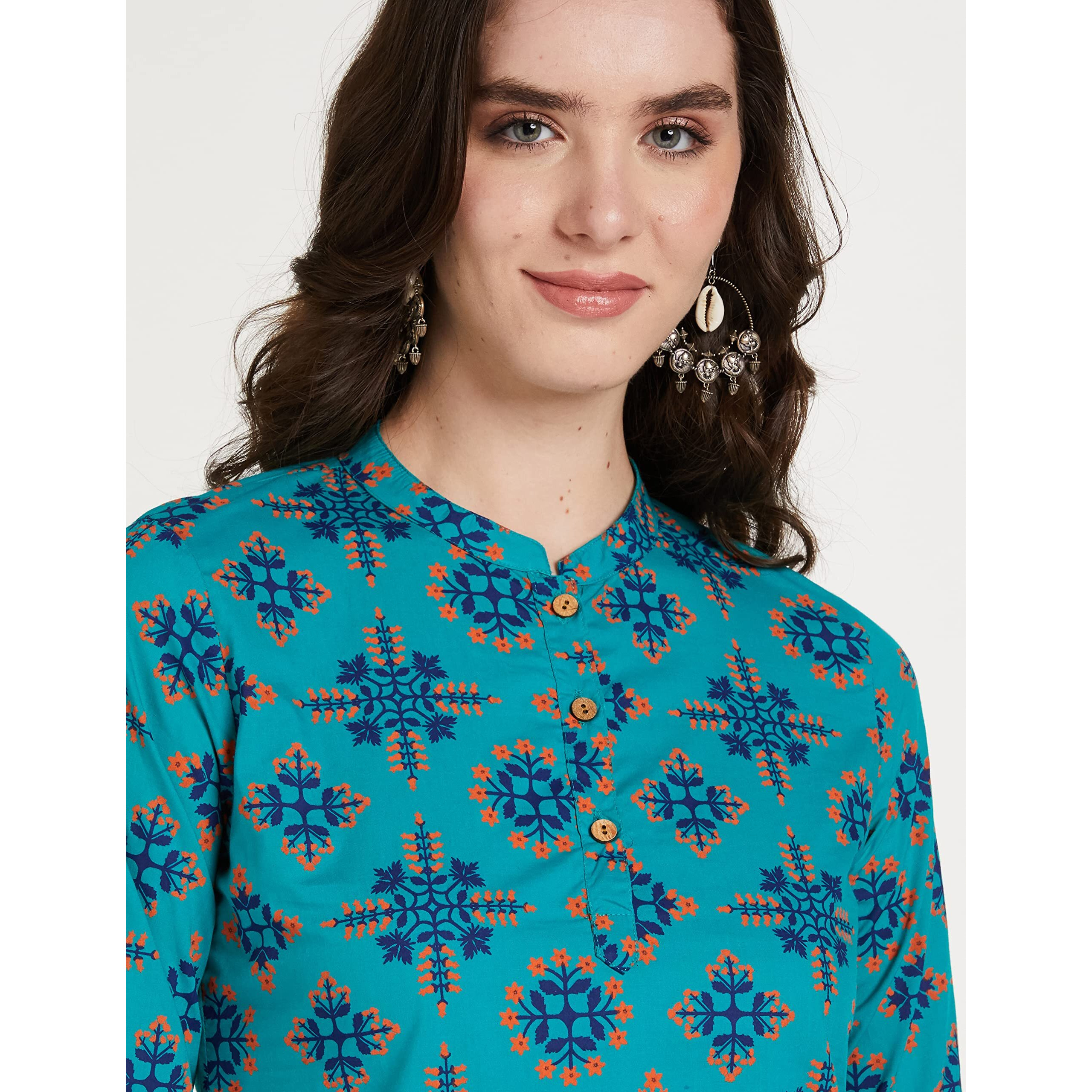 Amazon Brand - Myx Women's Cotton Screen Print Straight Short Kurti (SS19MYXTP019C3_Teal 2_XL)