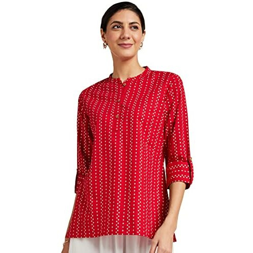 Amazon Brand - Myx Women's Cotton Regular Short Kurti (SS20MYXCORE22_Maroon-Bandhej_L)