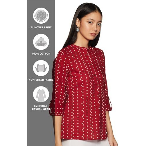 Amazon Brand - Myx Women's Cotton Regular Short Kurti (SS20MYXCORE22_Maroon-Bandhej_L)