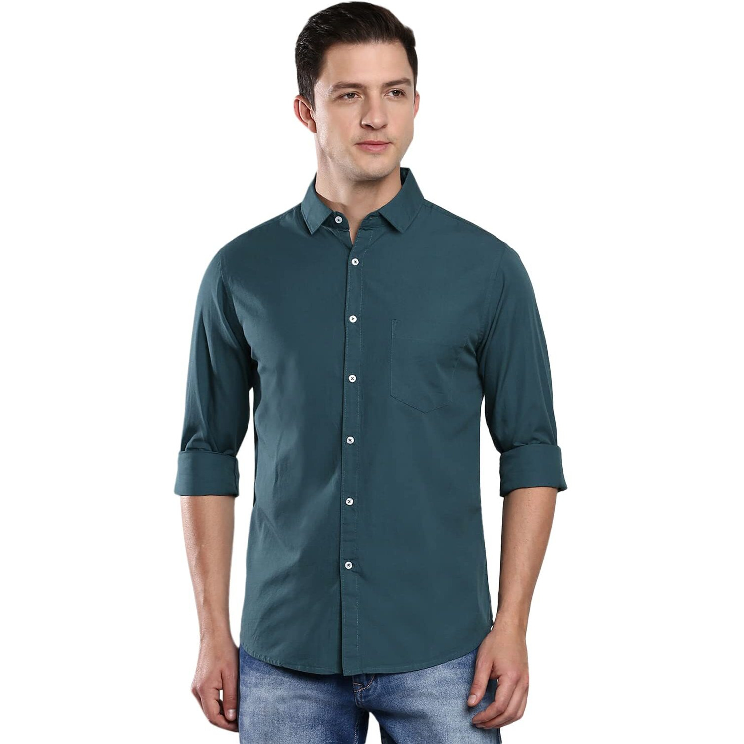 Dennis Lingo Men's Solid Slim Fit Casual Shirt (AZ301_PEACOCK_XL)