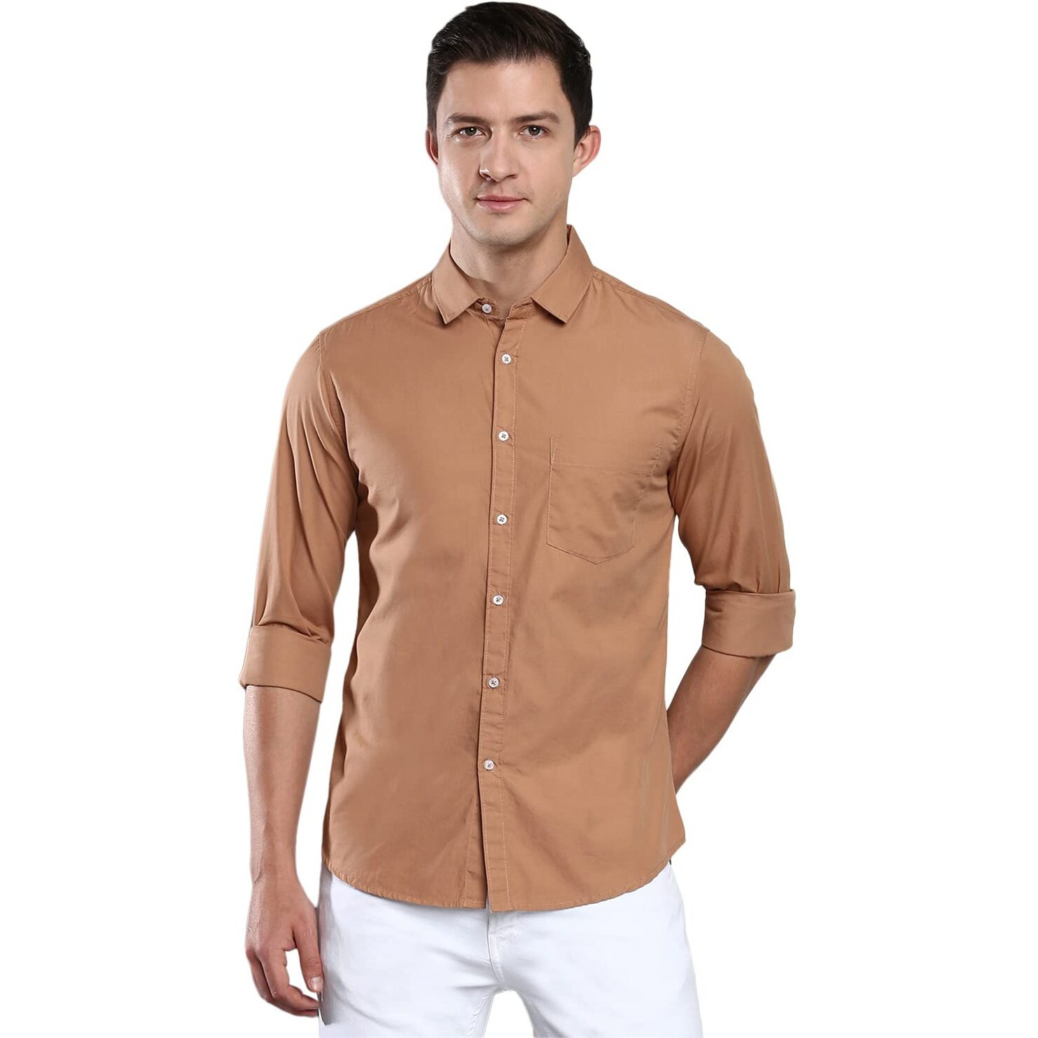 Dennis Lingo Men's Solid Slim Fit Casual Shirt (AZ301_CAMEL_S)