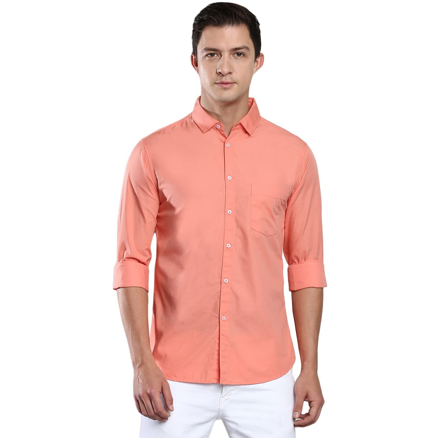 Dennis Lingo Men's Solid Slim Fit Casual Shirt (AZ301_CORAL_XXL)