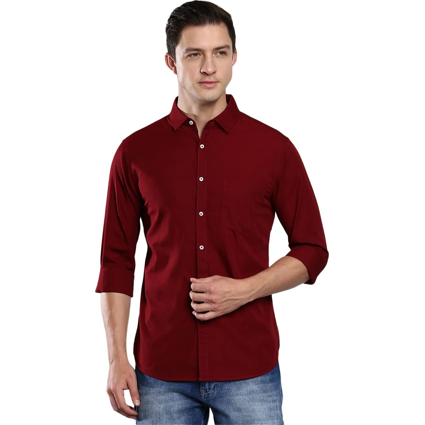 Dennis Lingo Men's Solid Slim Fit Casual Shirt (AZ301_DARKRED_M)