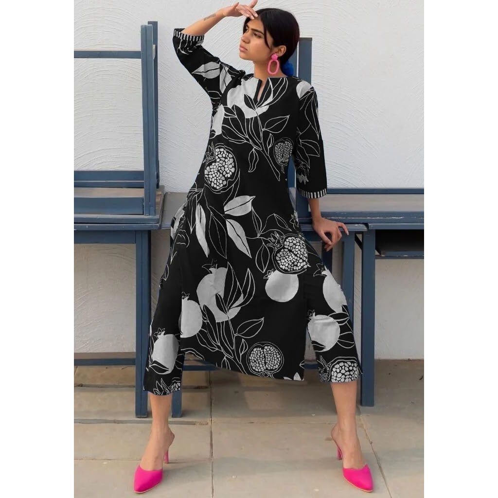 GoSriKi Women's Cotton Blend Straight Printed Kurta with Pant (ANAAR-Black-GS_S_Black_Small)