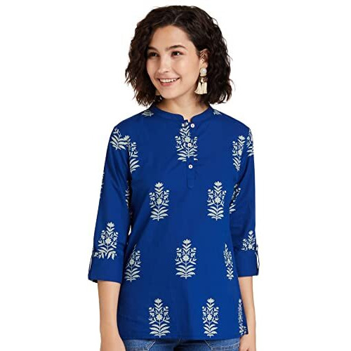 Amazon Brand - Myx Women's Cotton Screen Print Straight Short Kurti (SS19MYXTP019A1_Indigo 1_S)