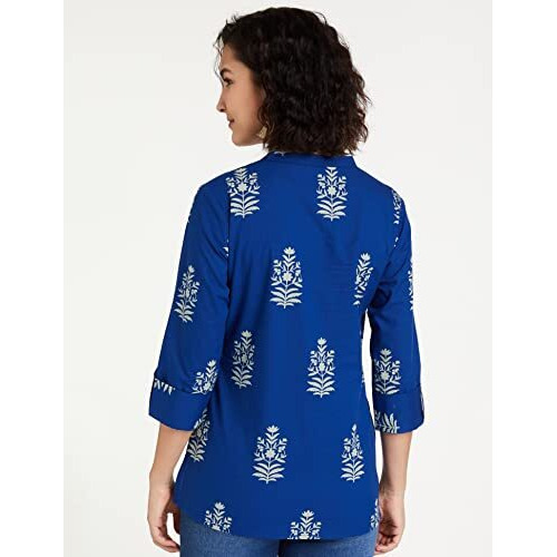 Amazon Brand - Myx Women's Cotton Screen Print Straight Short Kurti (SS19MYXTP019A1_Indigo 1_S)