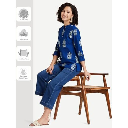 Amazon Brand - Myx Women's Cotton Screen Print Straight Short Kurti (SS19MYXTP019A1_Indigo 1_S)