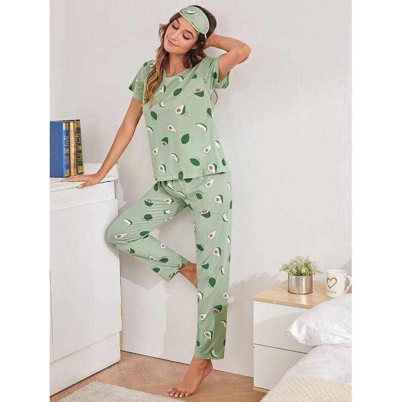 SMOWKLY Printed Round Neck Short Sleeve Nightsuit Set | Pajama Set | Night Dress for Women (1024_GRN_XL) Mint Green