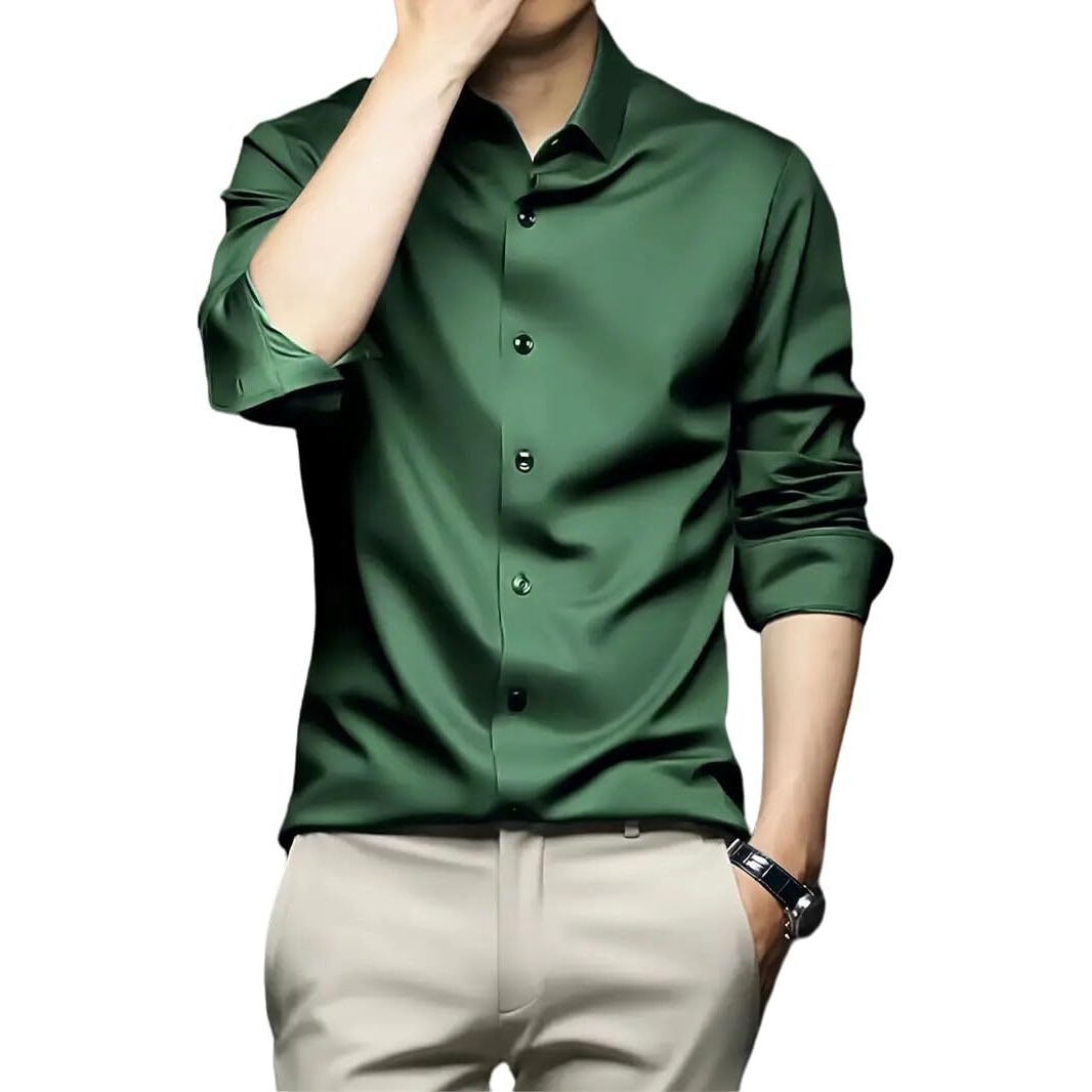 IndoPrimo Men's Stylish Solid Satin Casual Shirt for Men Full Sleeve (in, Alpha, L, Regular, Green)