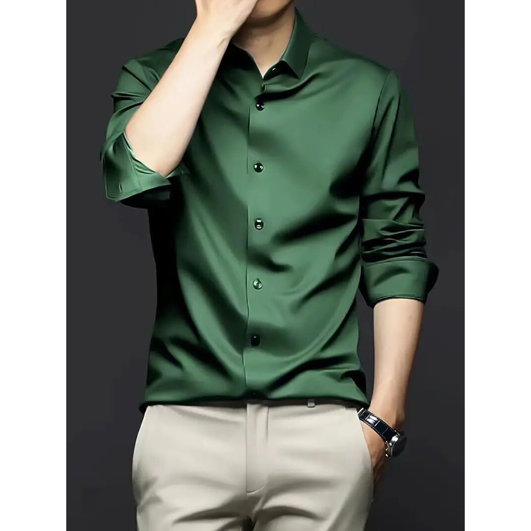 IndoPrimo Men's Stylish Solid Satin Casual Shirt for Men Full Sleeve (in, Alpha, L, Regular, Green)