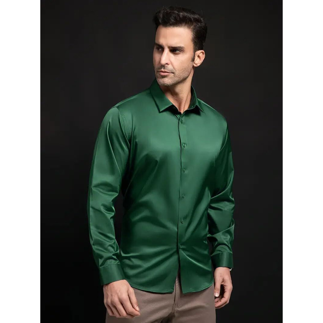IndoPrimo Men's Stylish Solid Satin Casual Shirt for Men Full Sleeve (in, Alpha, L, Regular, Green)