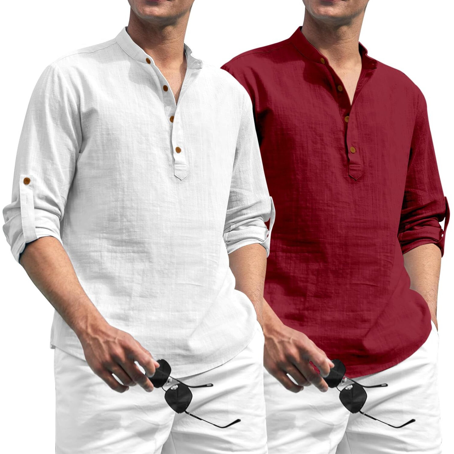 Zombom Combo of Men's Solid Cotton Blend Full Sleeve Straight Kurta Shirt (Pack of 2) White-Maroon