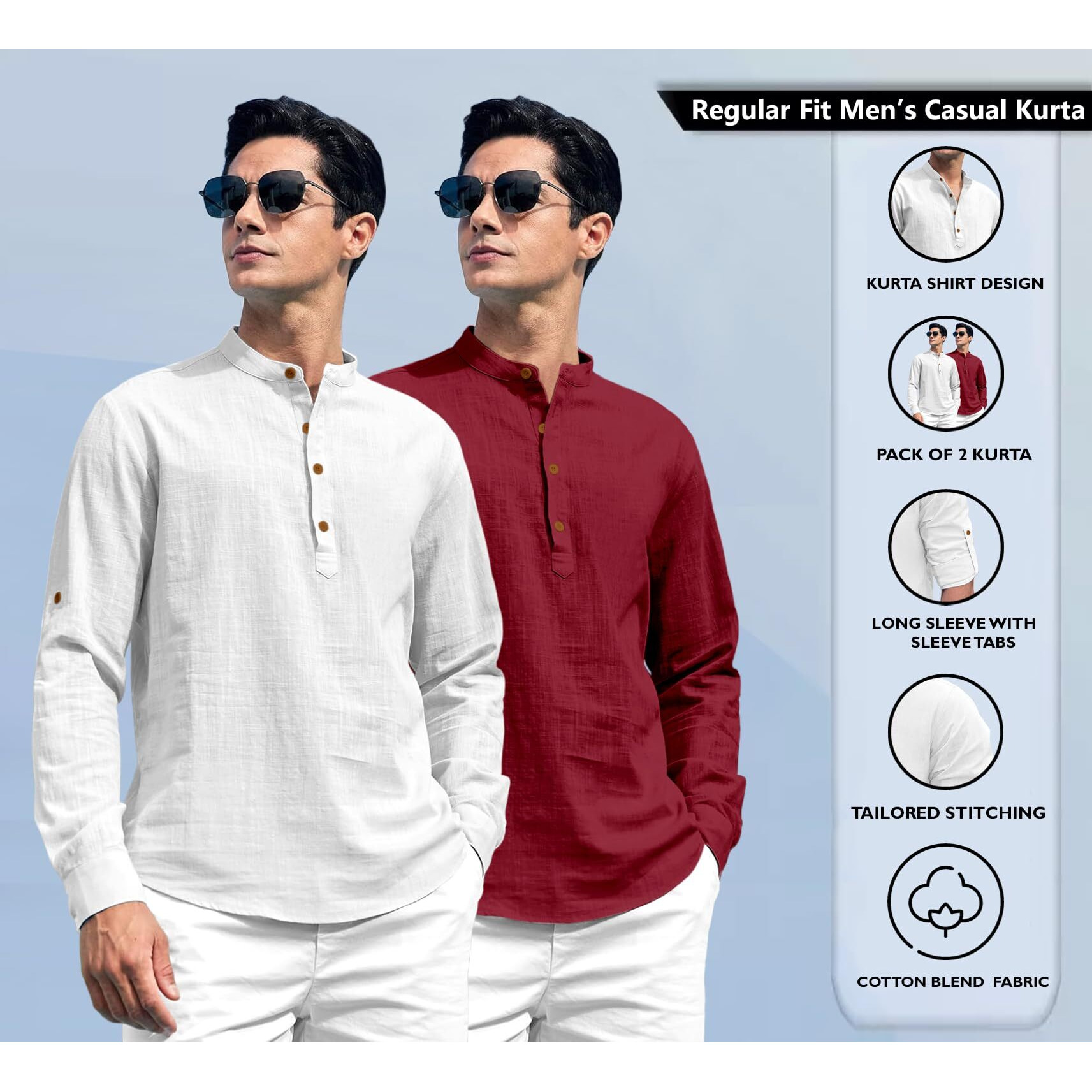 Zombom Combo of Men's Solid Cotton Blend Full Sleeve Straight Kurta Shirt (Pack of 2) White-Maroon