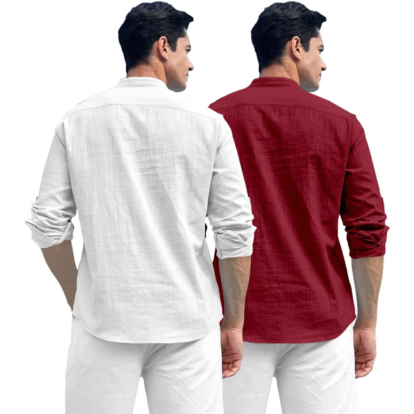 Zombom Combo of Men's Solid Cotton Blend Full Sleeve Straight Kurta Shirt (Pack of 2) White-Maroon