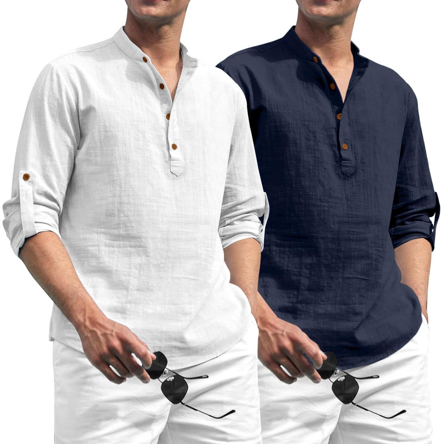 Zombom Combo of Men's Solid Cotton Blend Full Sleeve Straight Kurta Shirt (Pack of 2) White-Navy Blue
