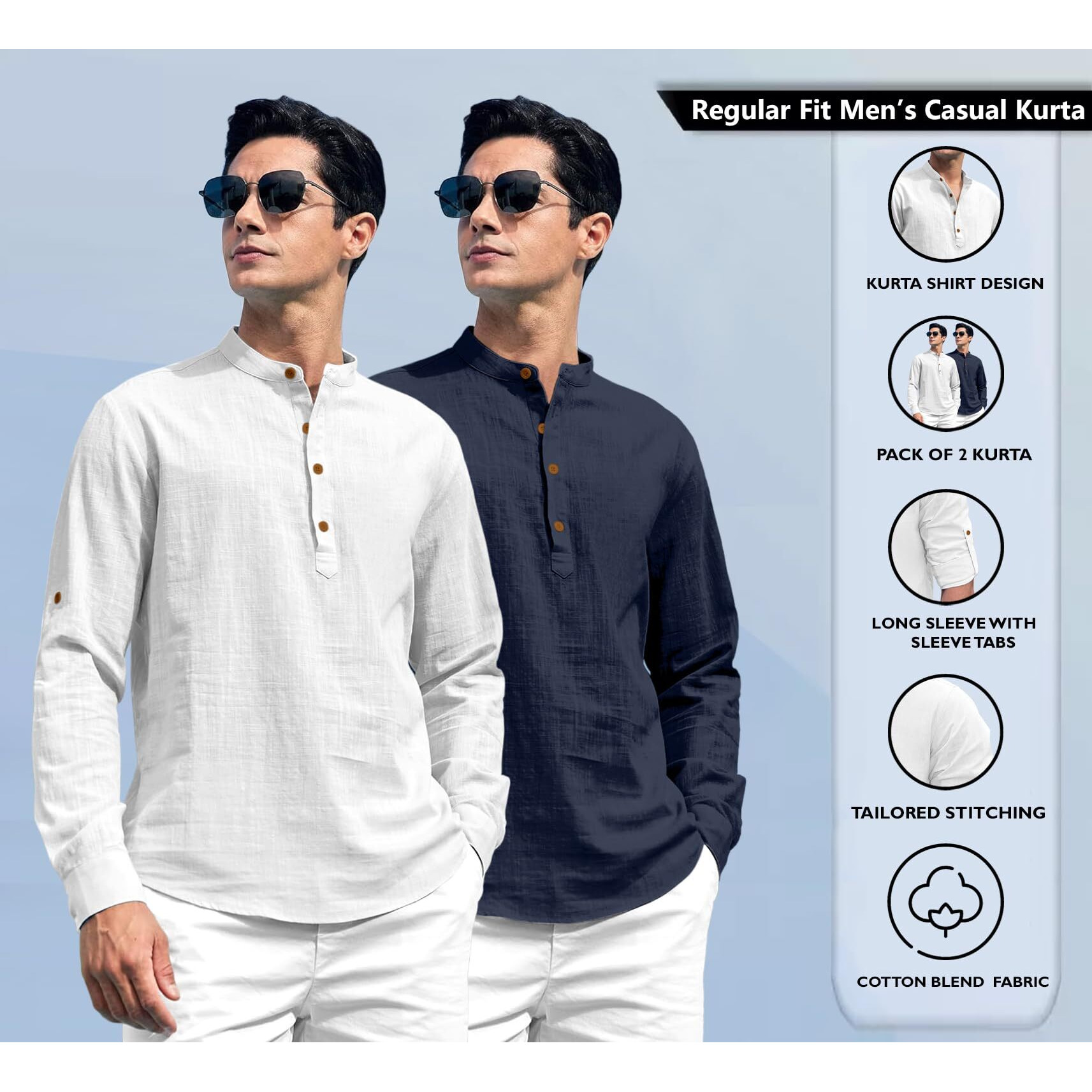 Zombom Combo of Men's Solid Cotton Blend Full Sleeve Straight Kurta Shirt (Pack of 2) White-Navy Blue
