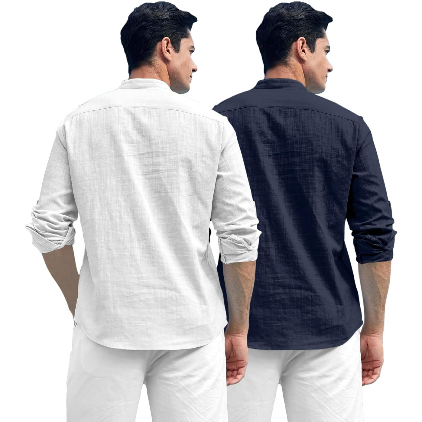 Zombom Combo of Men's Solid Cotton Blend Full Sleeve Straight Kurta Shirt (Pack of 2) White-Navy Blue