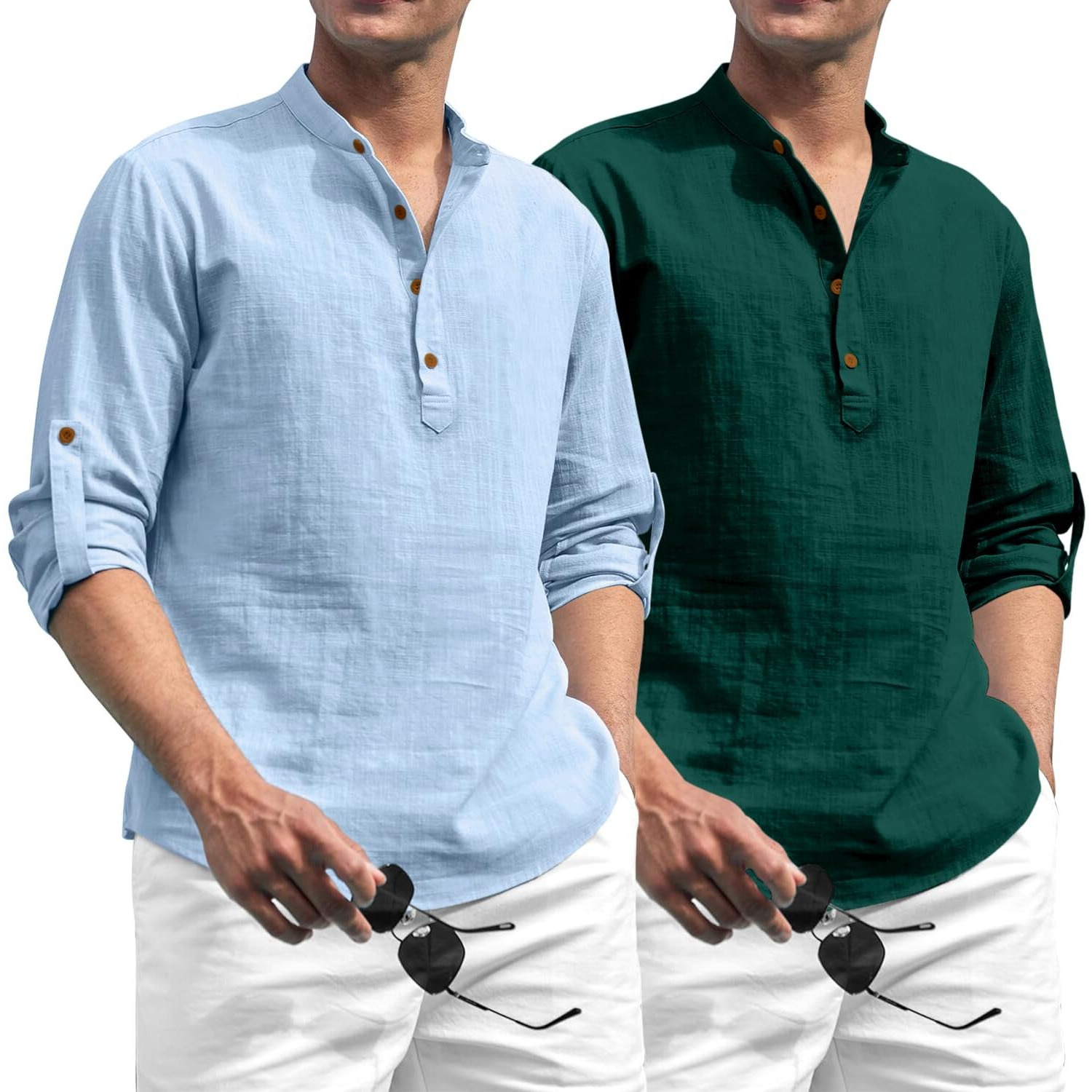 Zombom Combo of Men's Solid Cotton Blend Full Sleeve Straight Kurta Shirt (Pack of 2) Sky Blue-Green