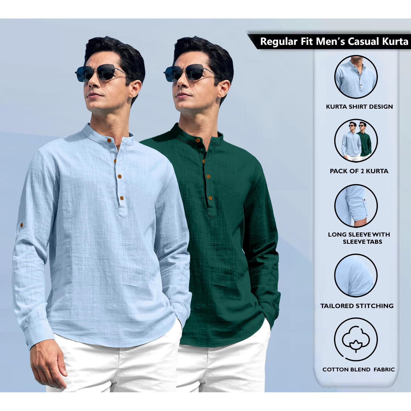 Zombom Combo of Men's Solid Cotton Blend Full Sleeve Straight Kurta Shirt (Pack of 2) Sky Blue-Green