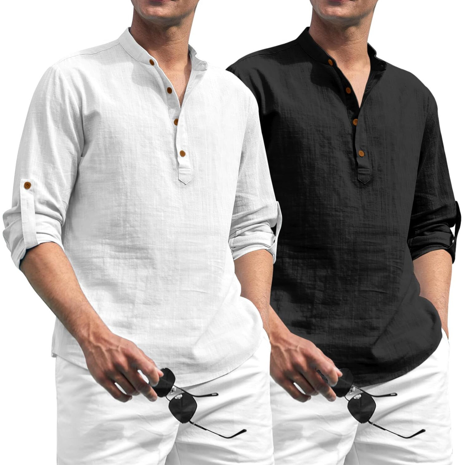 Zombom Combo of Men's Solid Cotton Blend Full Sleeve Straight Kurta Shirt (Pack of 2) White-Black