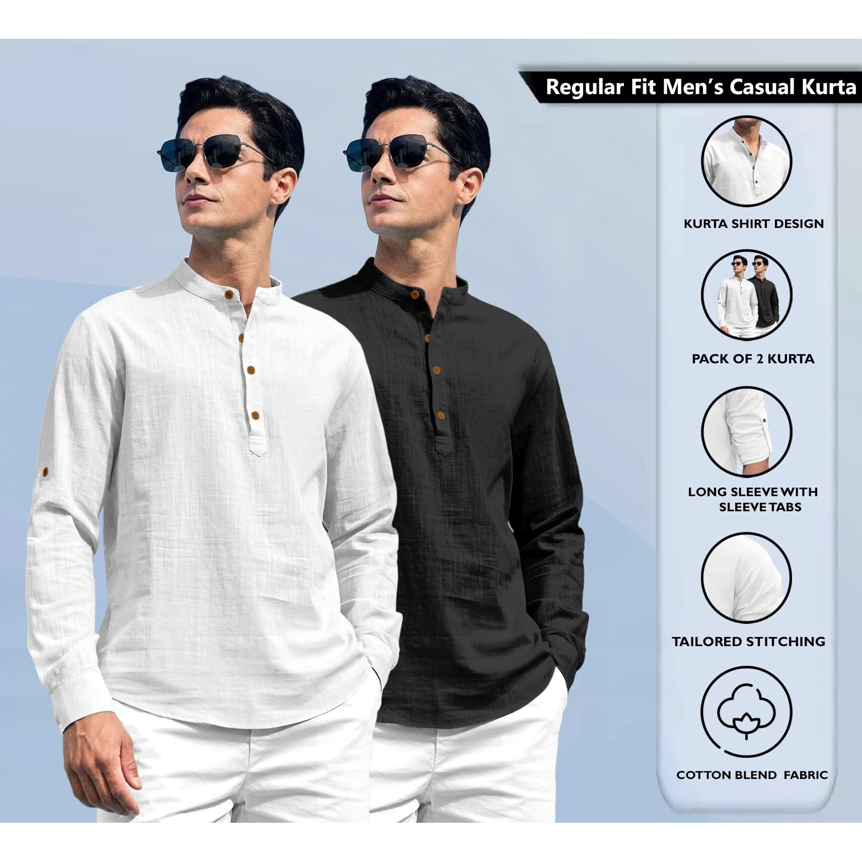 Zombom Combo of Men's Solid Cotton Blend Full Sleeve Straight Kurta Shirt (Pack of 2) White-Black