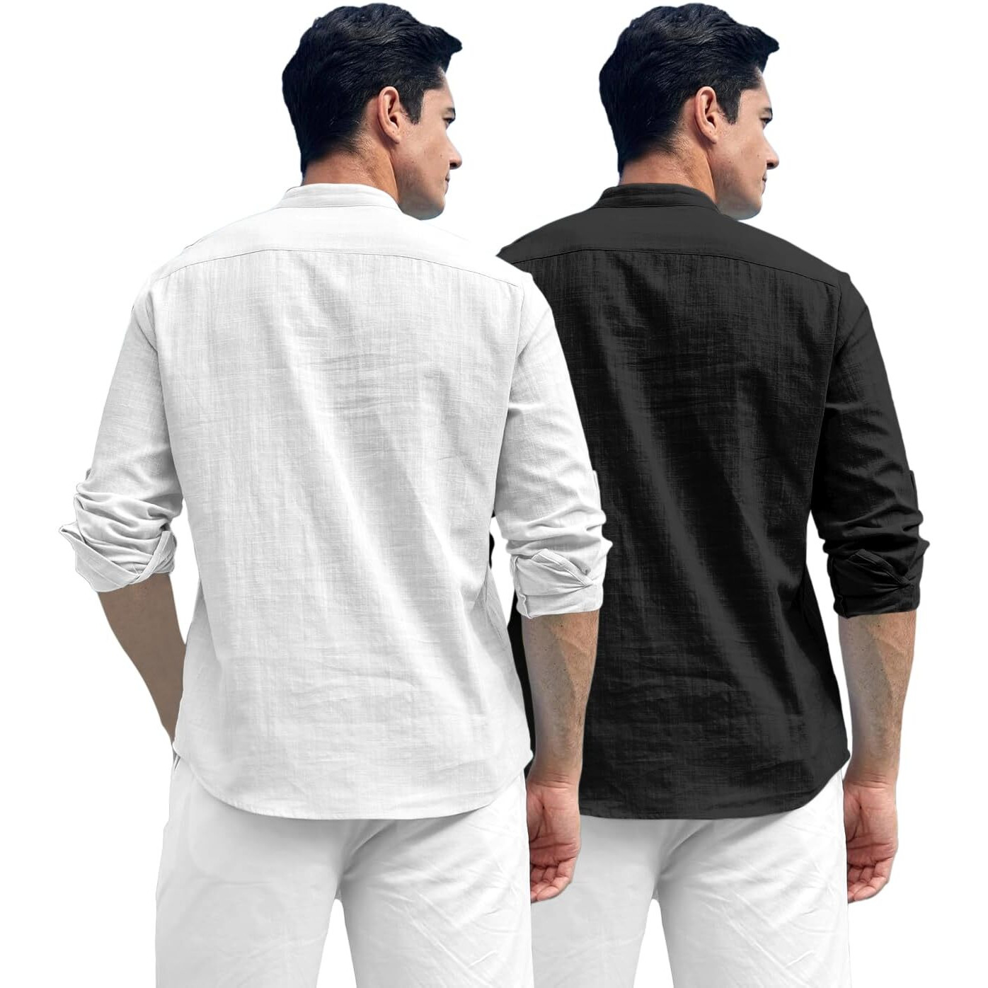 Zombom Combo of Men's Solid Cotton Blend Full Sleeve Straight Kurta Shirt (Pack of 2) White-Black