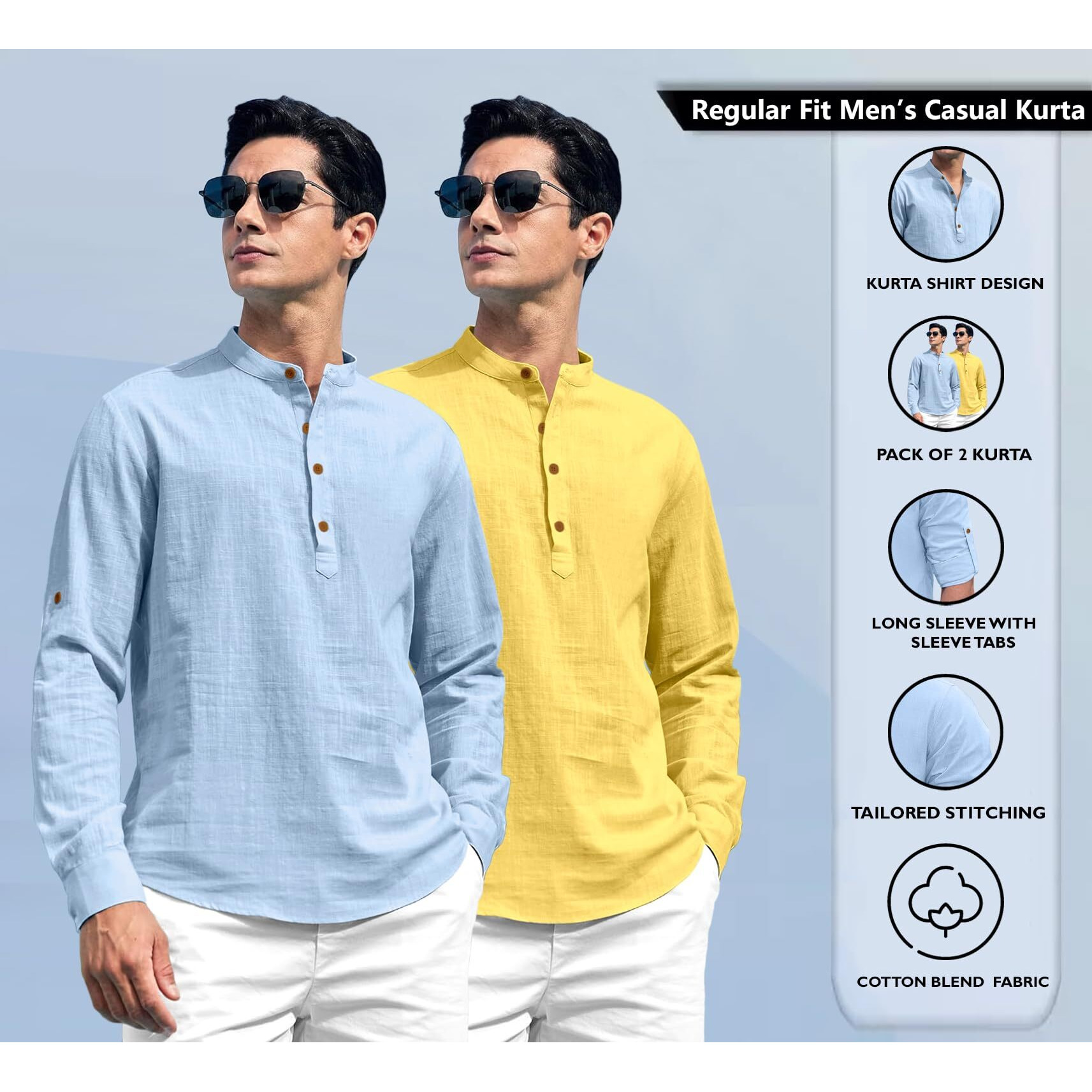 Zombom Combo of Men's Solid Cotton Blend Full Sleeve Straight Kurta Shirt (Pack of 2)