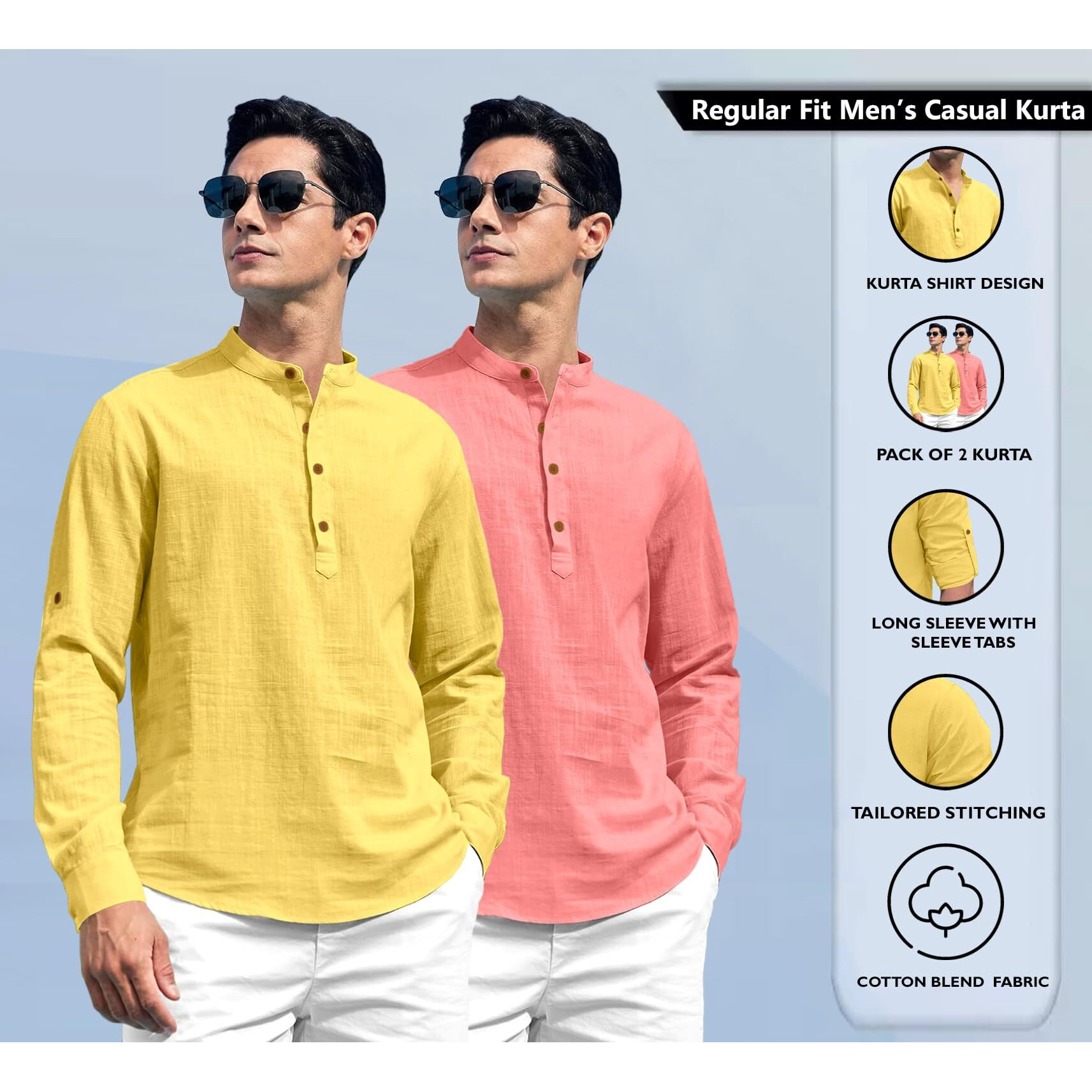 Zombom Combo of Men's Solid Cotton Blend Full Sleeve Straight Kurta Shirt (Pack of 2)