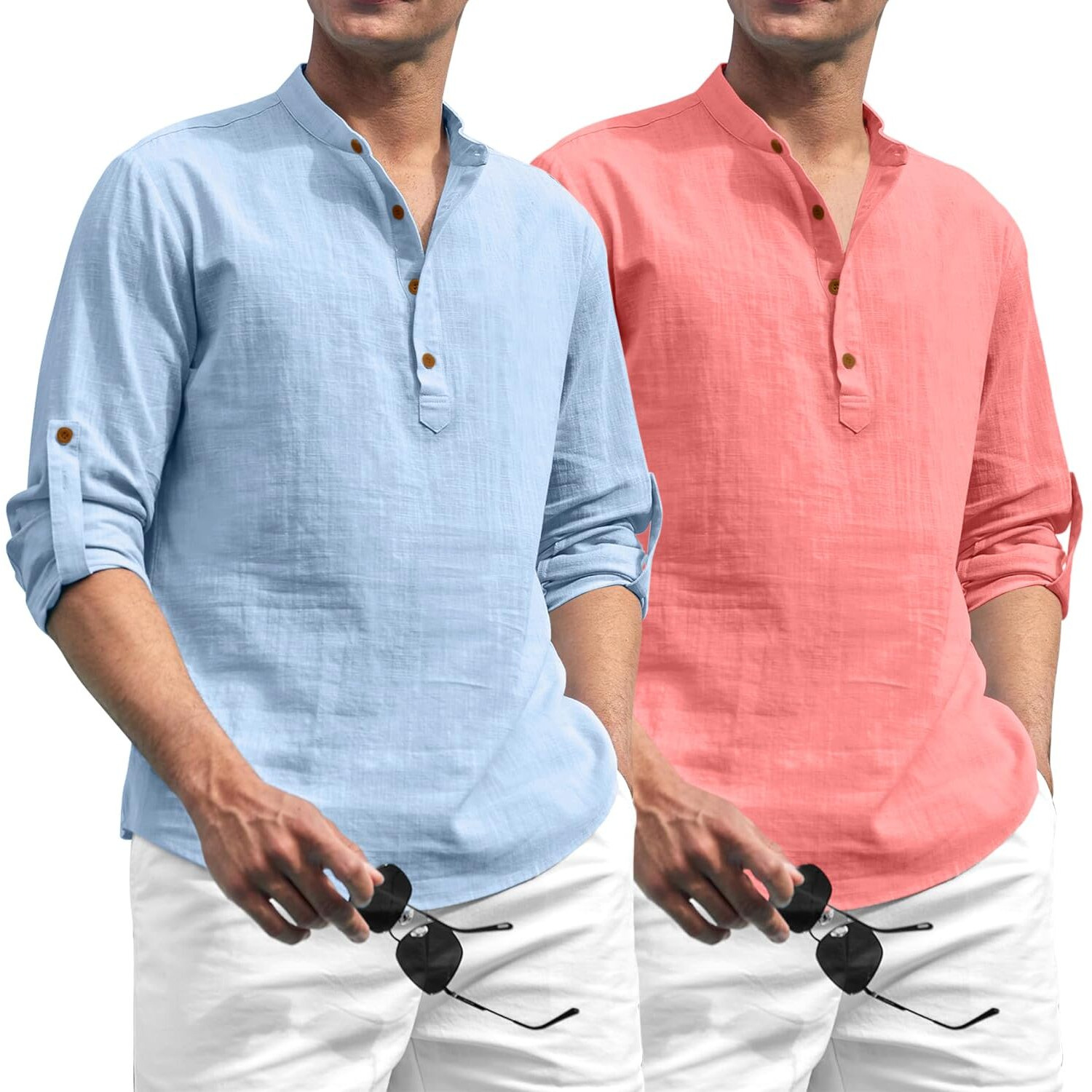 Zombom Combo of Men's Solid Cotton Blend Full Sleeve Straight Kurta Shirt (Pack of 2)