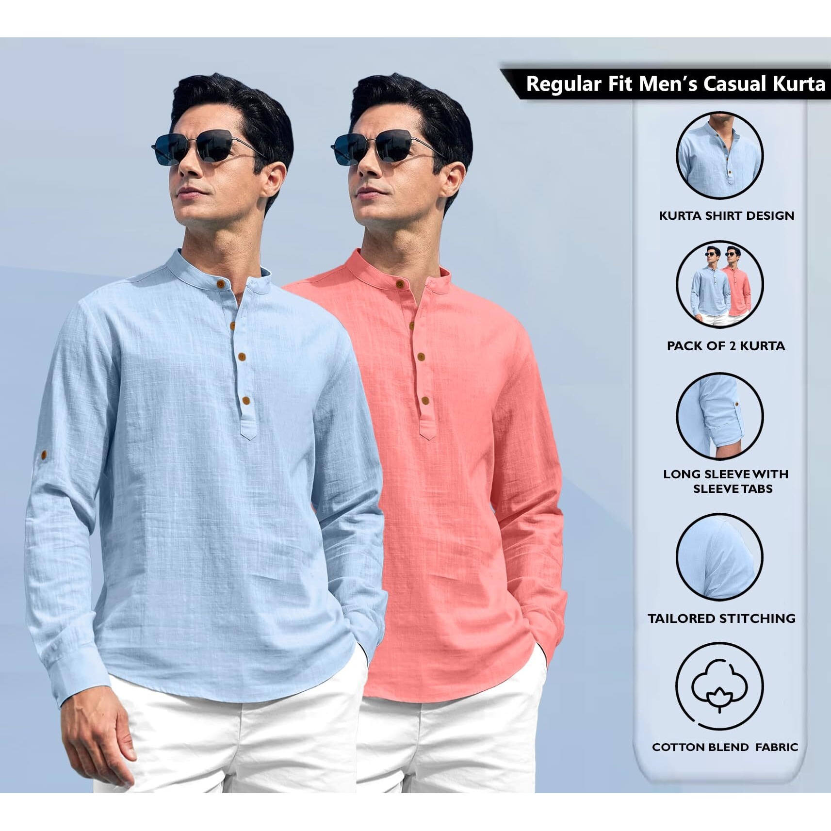 Zombom Combo of Men's Solid Cotton Blend Full Sleeve Straight Kurta Shirt (Pack of 2)