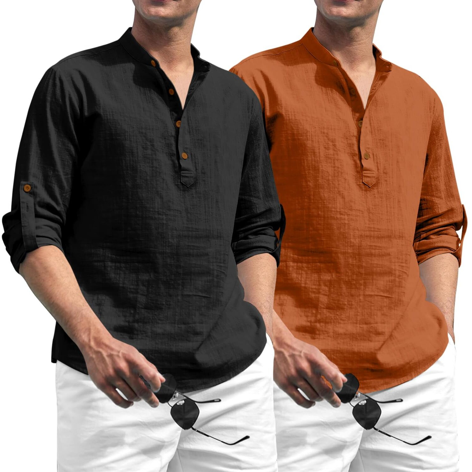 Zombom Combo of Men's Solid Cotton Blend Full Sleeve Straight Kurta Shirt (Pack of 2) Black-Brown