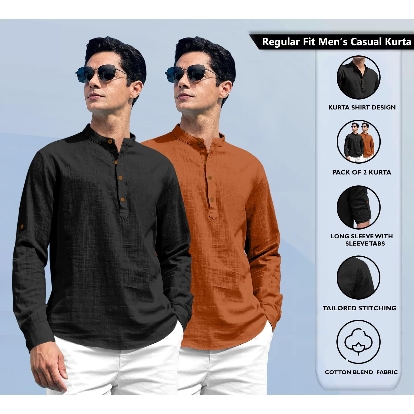 Zombom Combo of Men's Solid Cotton Blend Full Sleeve Straight Kurta Shirt (Pack of 2) Black-Brown