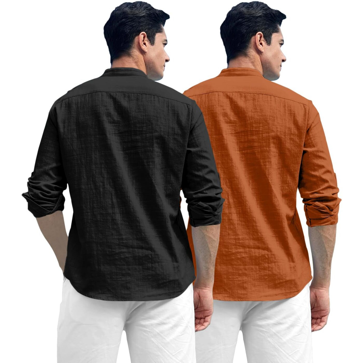 Zombom Combo of Men's Solid Cotton Blend Full Sleeve Straight Kurta Shirt (Pack of 2) Black-Brown