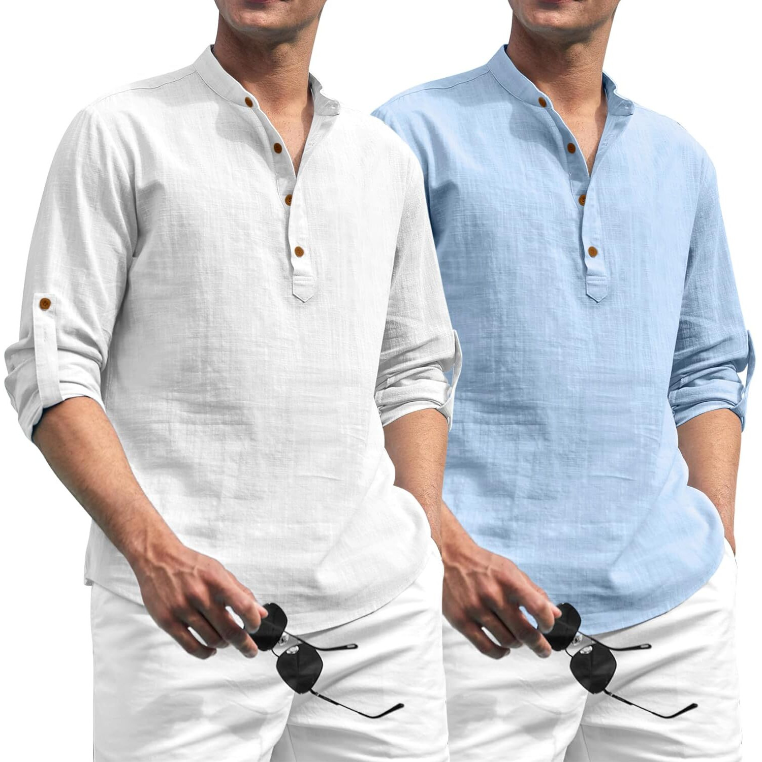 Zombom Combo of Men's Solid Cotton Blend Full Sleeve Straight Kurta Shirt (Pack of 2) White-Sky Blue