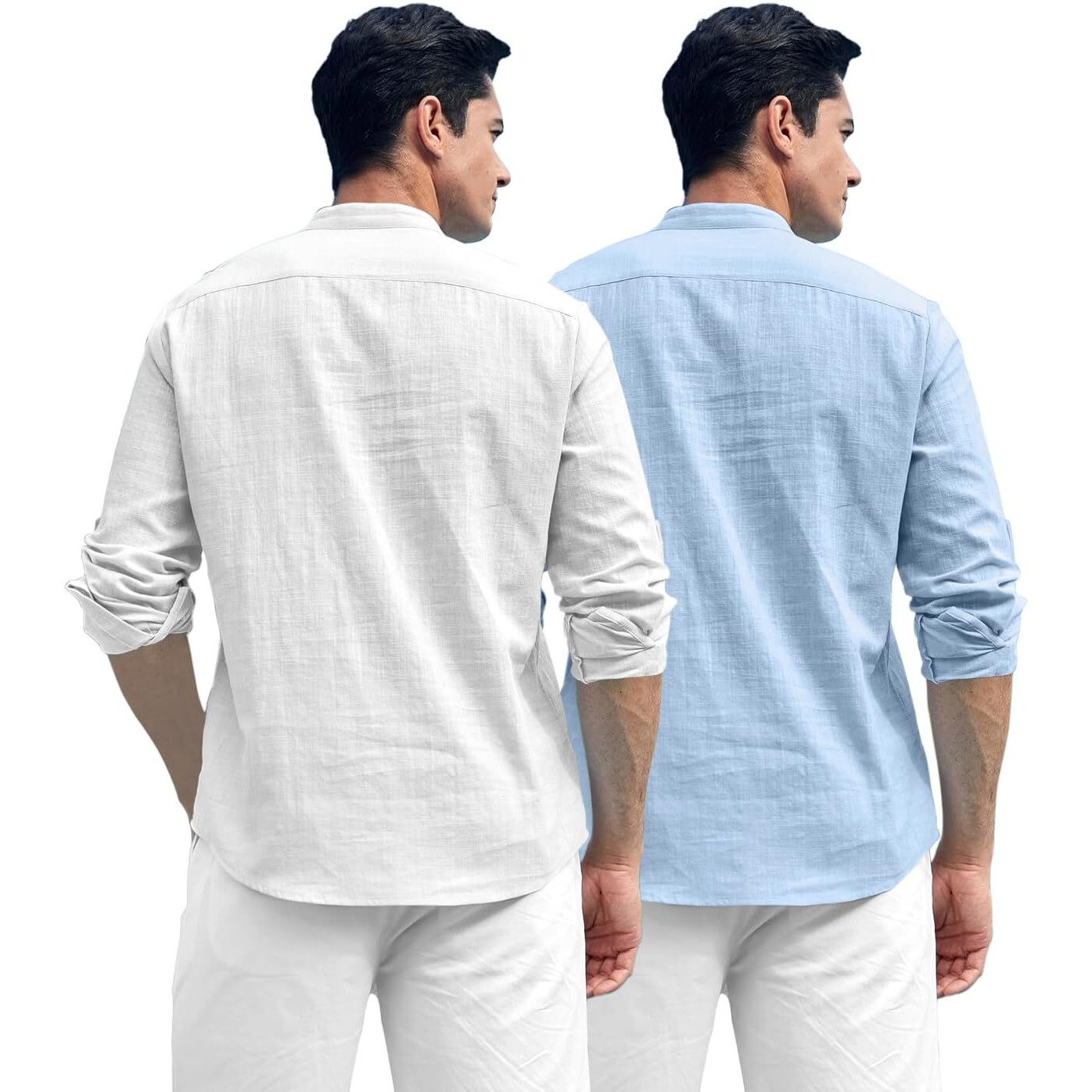 Zombom Combo of Men's Solid Cotton Blend Full Sleeve Straight Kurta Shirt (Pack of 2) White-Sky Blue
