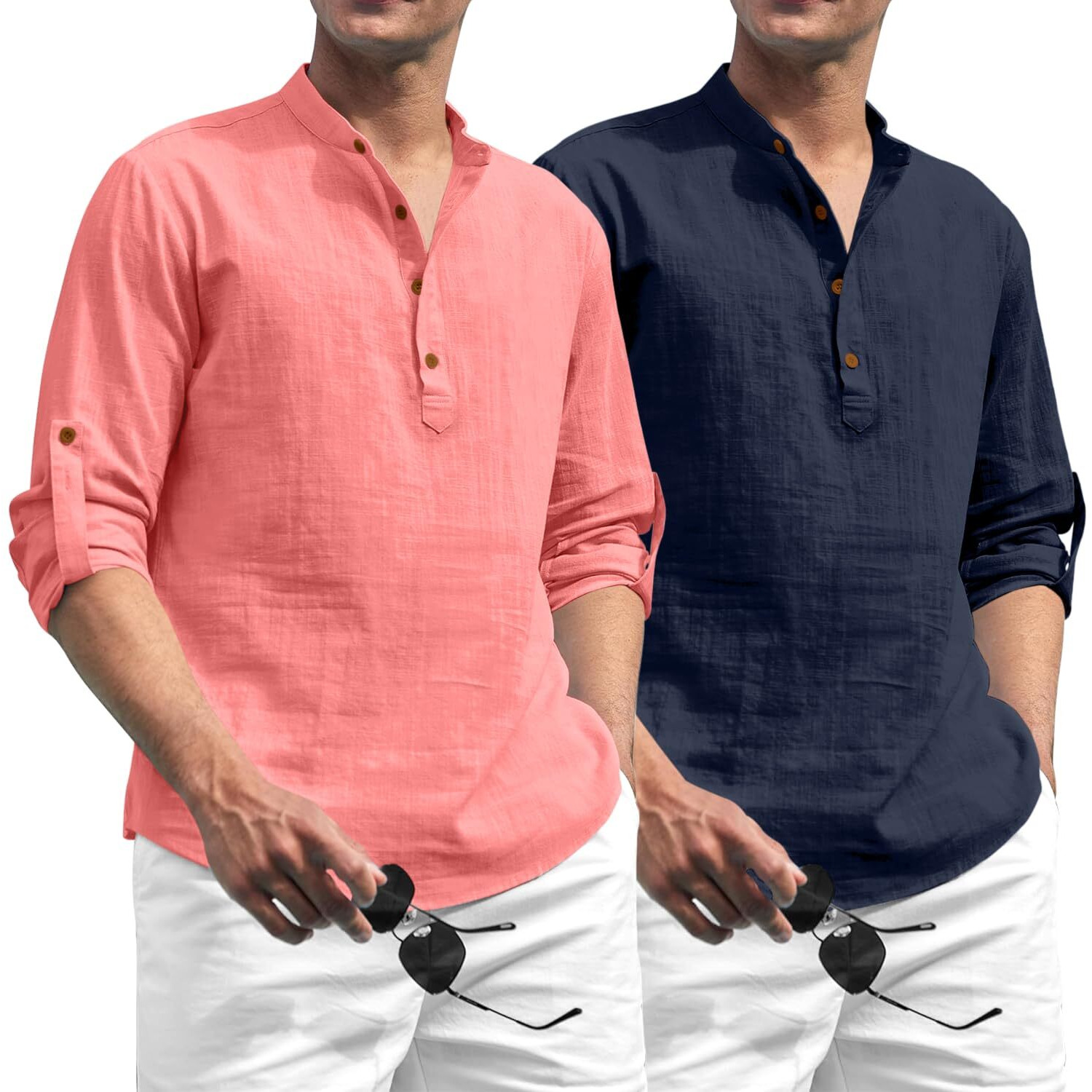 Zombom Combo of Men's Solid Cotton Blend Full Sleeve Straight Kurta Shirt (Pack of 2)