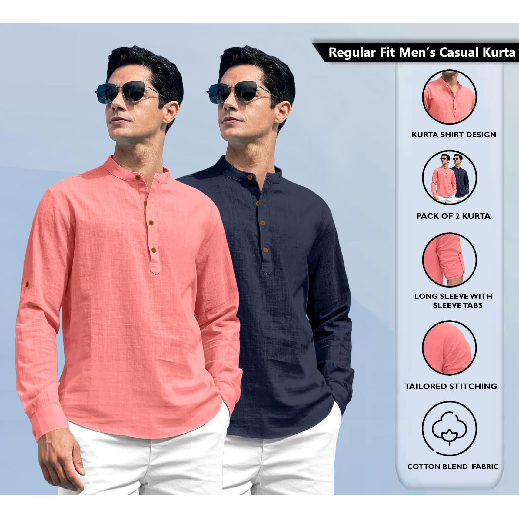 Zombom Combo of Men's Solid Cotton Blend Full Sleeve Straight Kurta Shirt (Pack of 2)